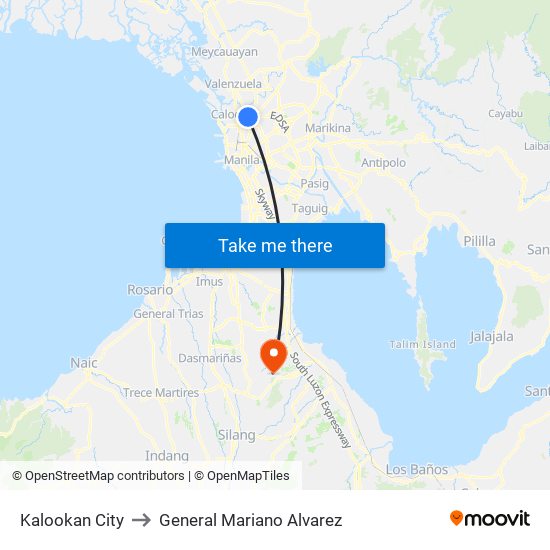 Kalookan City to General Mariano Alvarez map