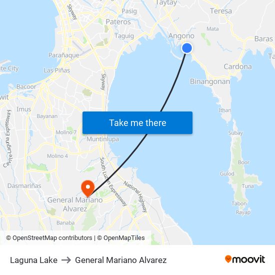 Laguna Lake to General Mariano Alvarez map
