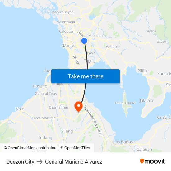 Quezon City to General Mariano Alvarez map