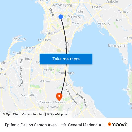 Epifanio De Los Santos Avenue, 10 to General Mariano Alvarez map