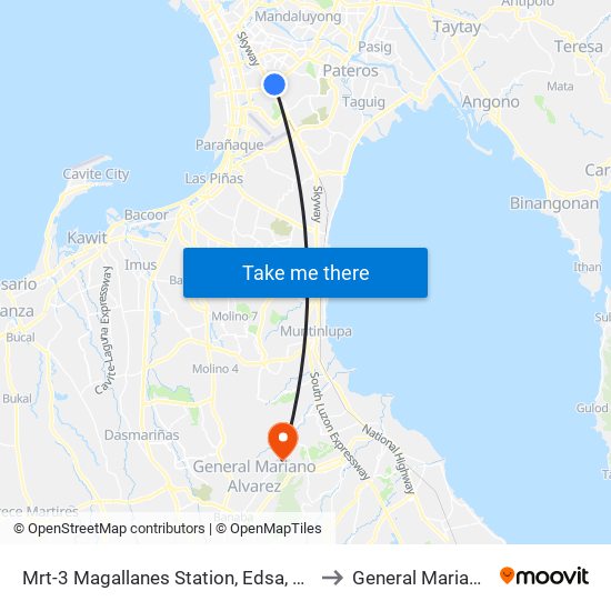 Mrt-3 Magallanes Station, Edsa, Makati City, Manila to General Mariano Alvarez map