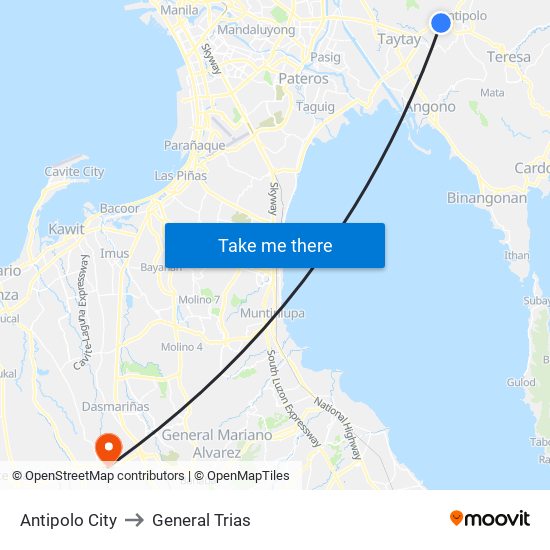 Antipolo City to General Trias map