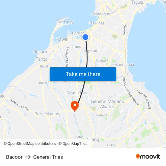 Bacoor to General Trias map