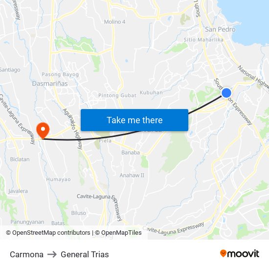 Carmona to General Trias map