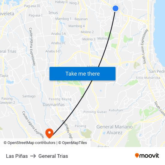 Las Piñas to General Trias map