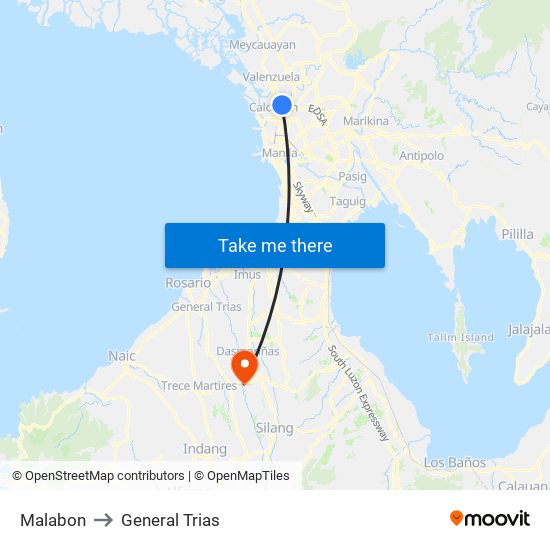 Malabon to General Trias map