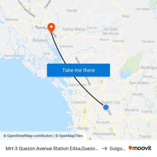 Mrt-3 Quezon Avenue Station Edsa,Quezon City, Manila to Guiguinto map