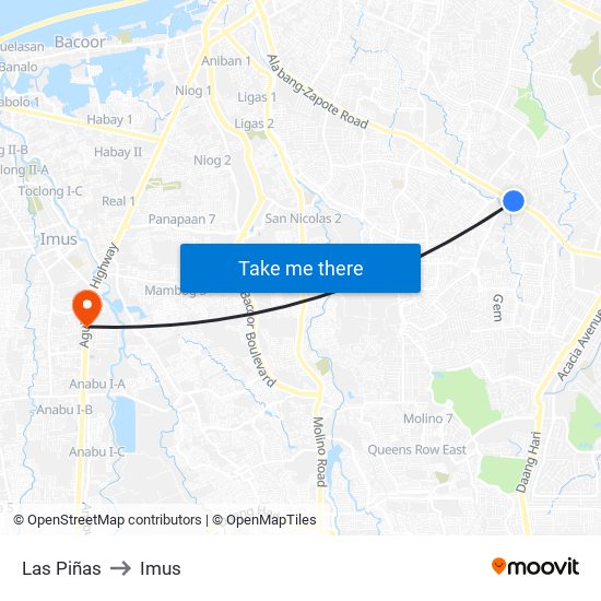 Las Piñas to Imus map