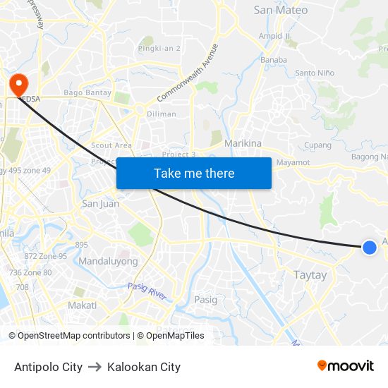 Antipolo City to Kalookan City map