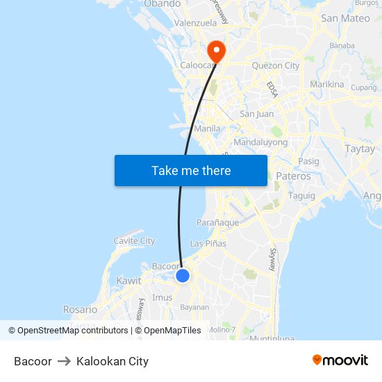 Bacoor to Kalookan City map