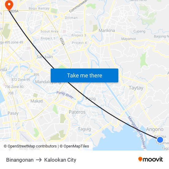 Binangonan to Kalookan City map