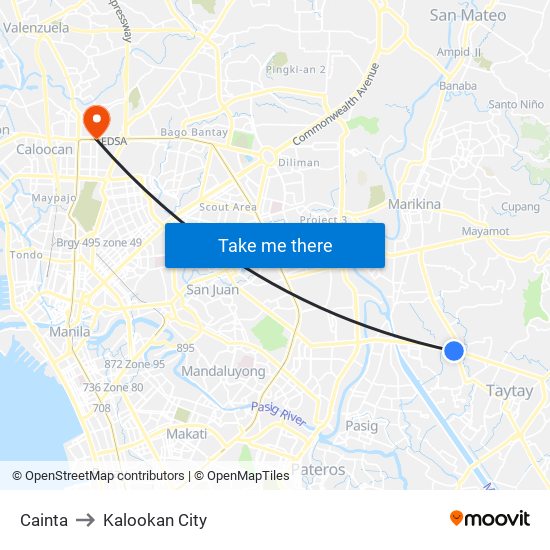 Cainta to Kalookan City map