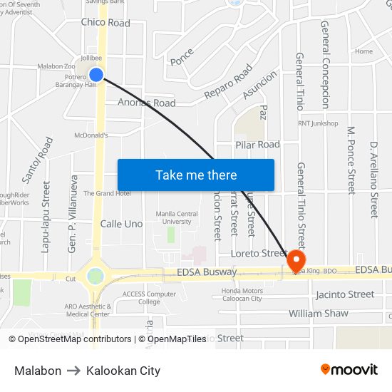Malabon to Kalookan City map