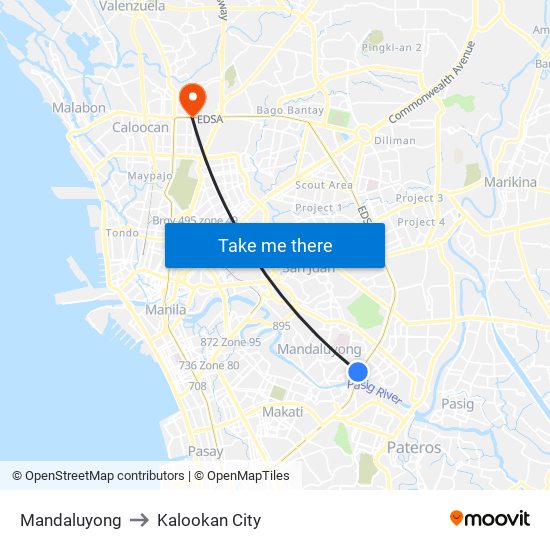 Mandaluyong to Kalookan City map