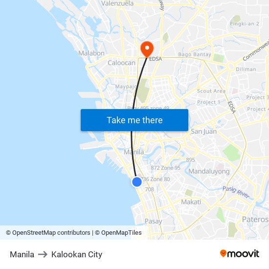 Manila to Kalookan City map