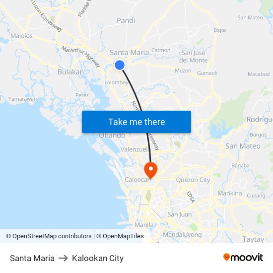 Santa Maria to Kalookan City map