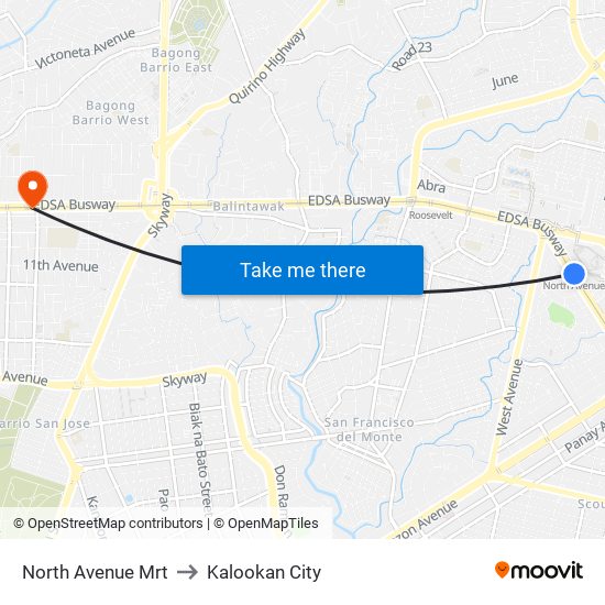 North Avenue Mrt to Kalookan City map