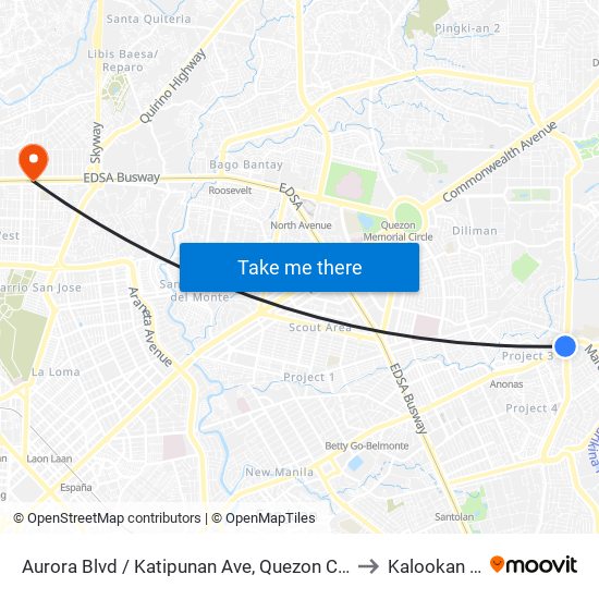 Aurora Blvd / Katipunan Ave, Quezon City, Manila to Kalookan City map