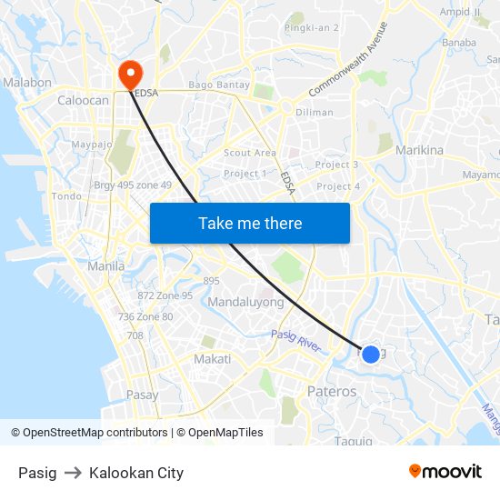 Pasig to Kalookan City map