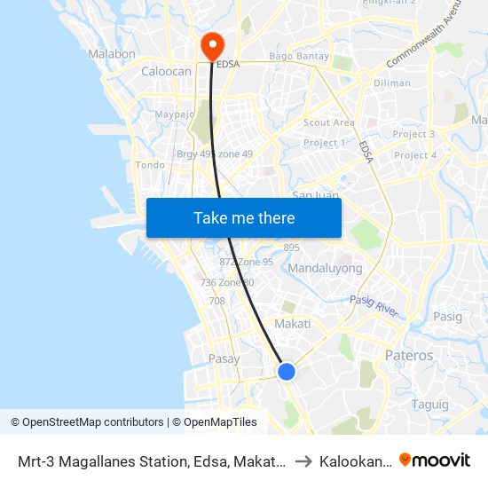 Mrt-3 Magallanes Station, Edsa, Makati City, Manila to Kalookan City map