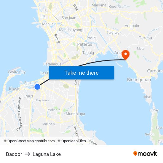 Bacoor to Laguna Lake map