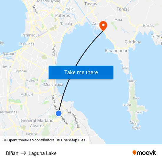 Biñan to Laguna Lake map