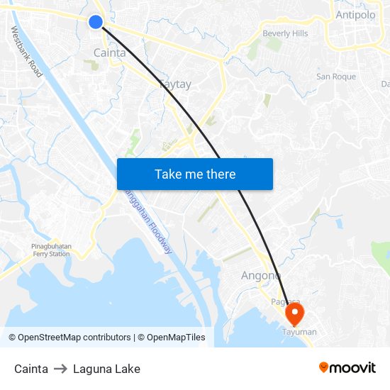 Cainta to Laguna Lake map