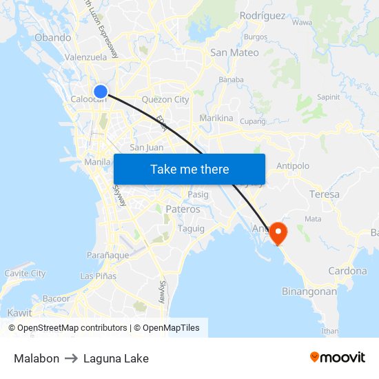 Malabon to Laguna Lake map