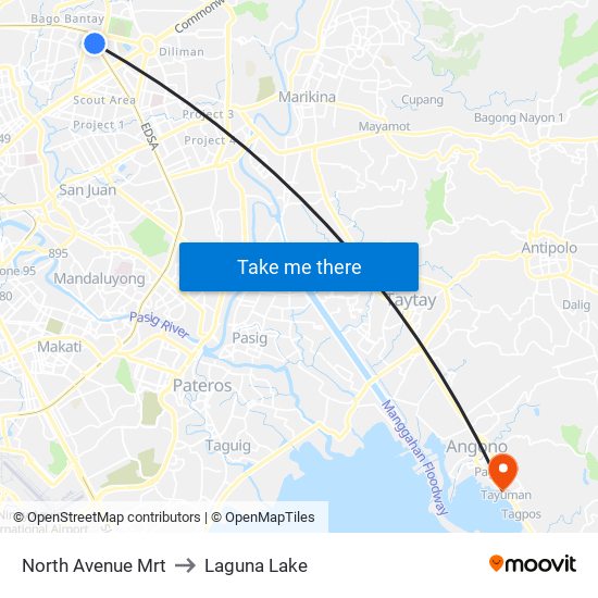 North Avenue Mrt to Laguna Lake map