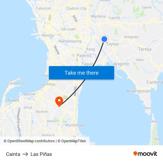 Cainta to Las Piñas map