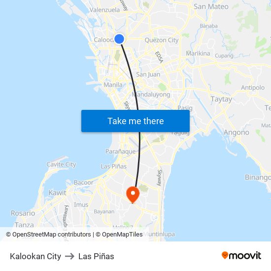 Kalookan City to Las Piñas map