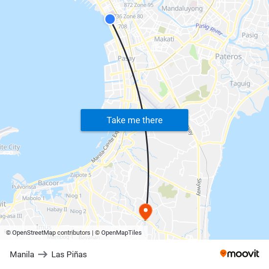 Manila to Las Piñas map