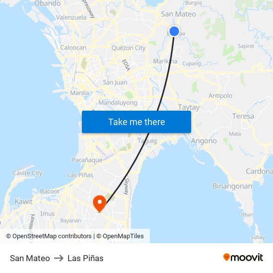 San Mateo to Las Piñas map