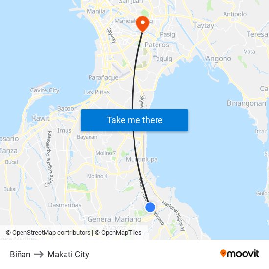 Biñan to Makati City map