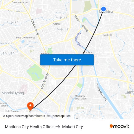 Marikina Healthy City Center to Makati City map