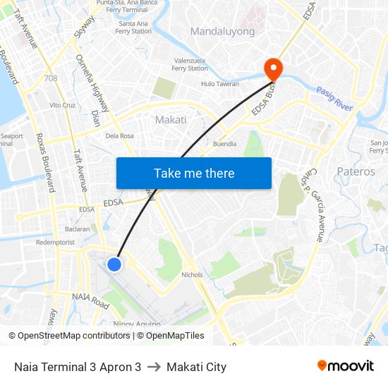 Naia Terminal 3 Apron 3 to Makati City map