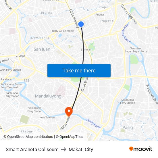 Smart Araneta Coliseum to Makati City map