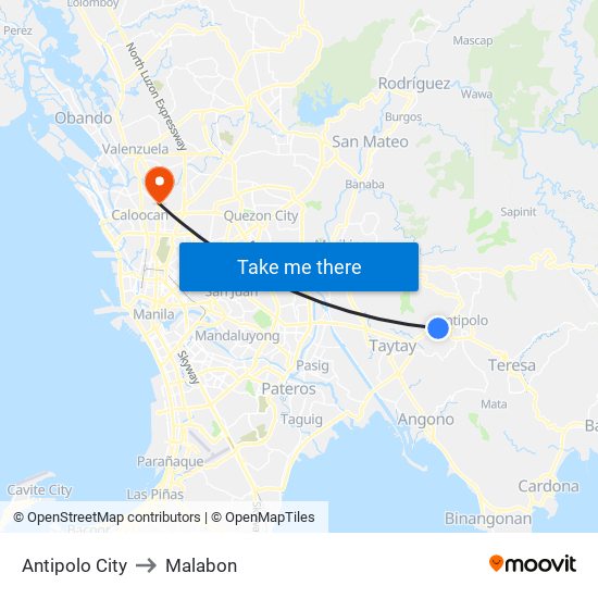 Antipolo City to Malabon map