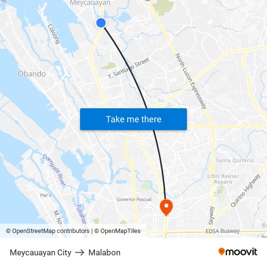 Meycauayan City to Malabon map