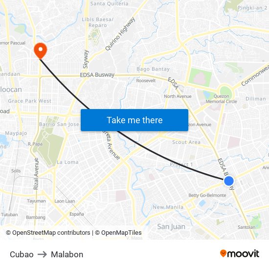 Cubao to Malabon map