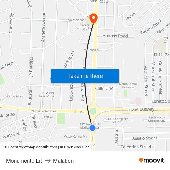 Monumento Lrt to Malabon map