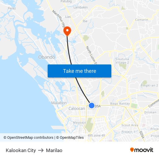 Kalookan City to Marilao map
