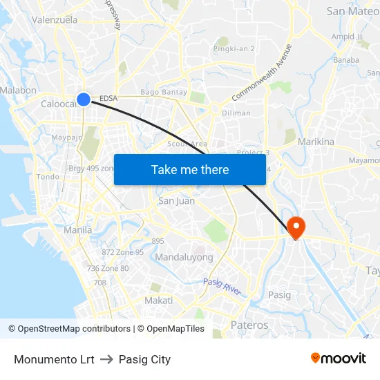 Monumento Lrt to Pasig City map