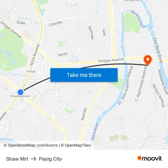 Shaw Mrt to Pasig City map