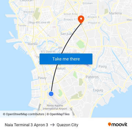 Naia Terminal 3 Apron 3 to Quezon City map