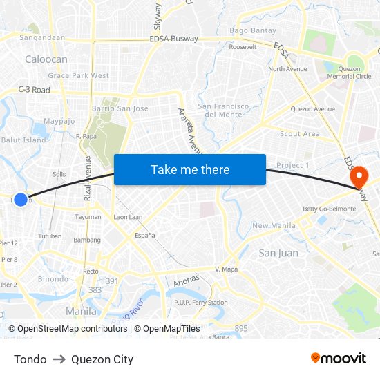 Tondo to Quezon City map