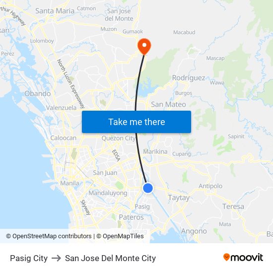 Pasig City to San Jose Del Monte City map