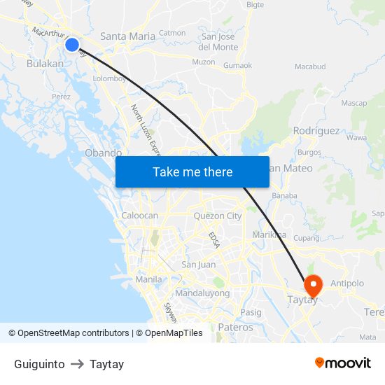 Guiguinto to Taytay map