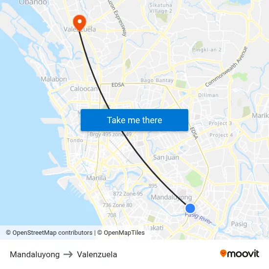 Mandaluyong to Valenzuela map
