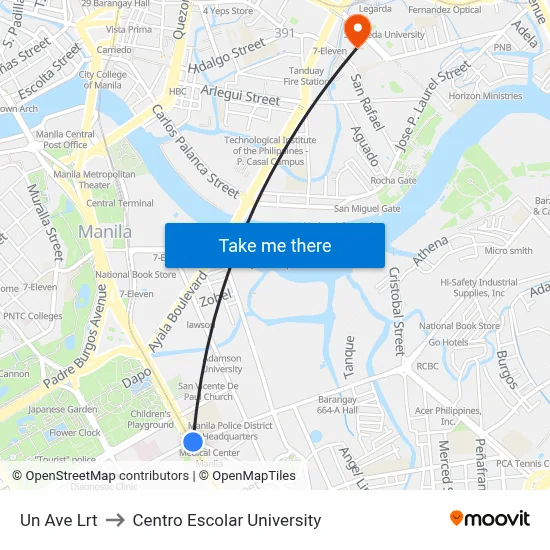 Un Ave Lrt to Centro Escolar University map